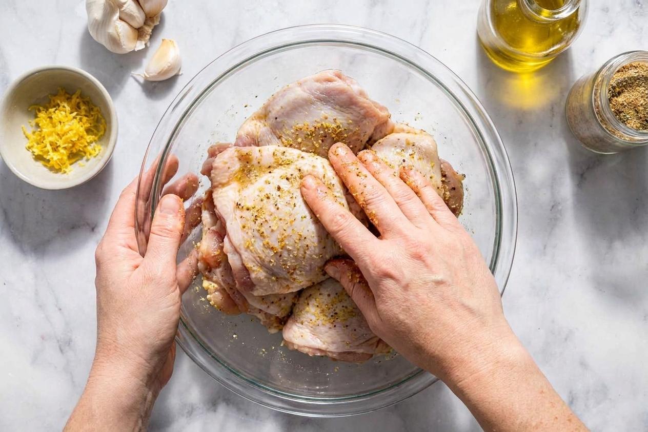 Hands rubbing lemon garlic seasoning onto chicken thighs in a mixing bowl on a kitchen counter