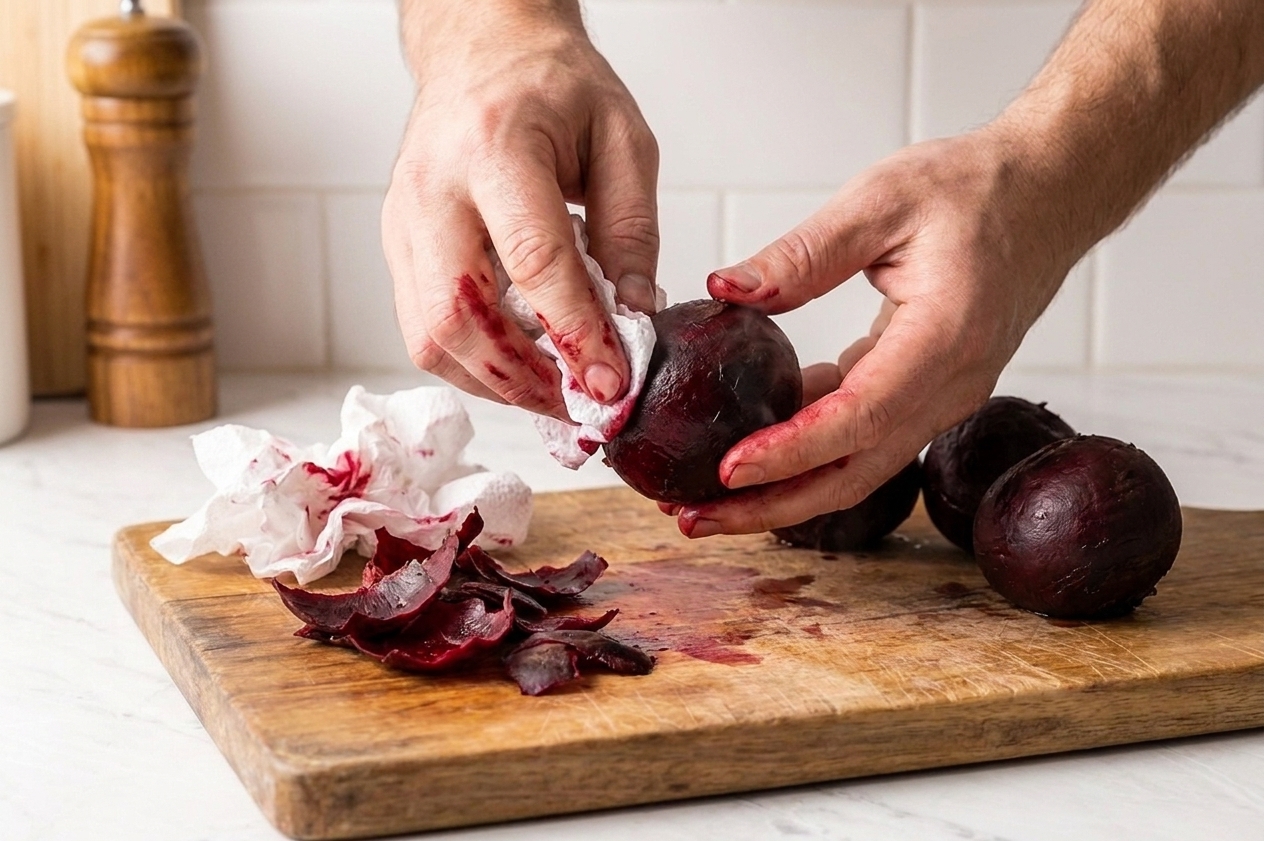 Hands rubbing the skins off cooked beets with paper towels over a cutting board
