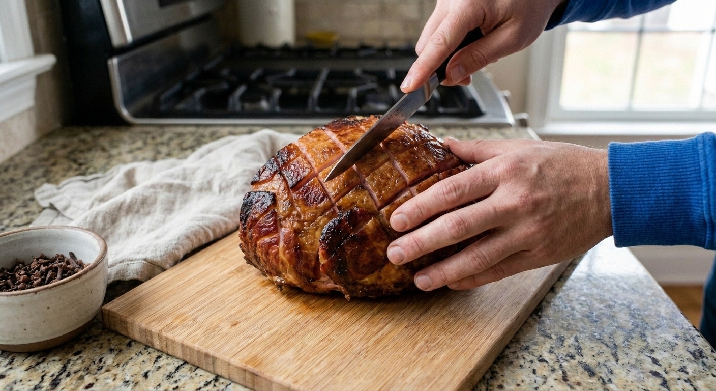 Hands scoring the fat cap of a smoked ham in a diamond pattern on a cutting board in a home kitchen