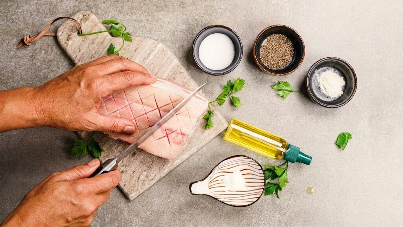Hands scoring the skin of pork belly in a crosshatch pattern on a cutting board with a chef’s knife under warm kitchen lighting