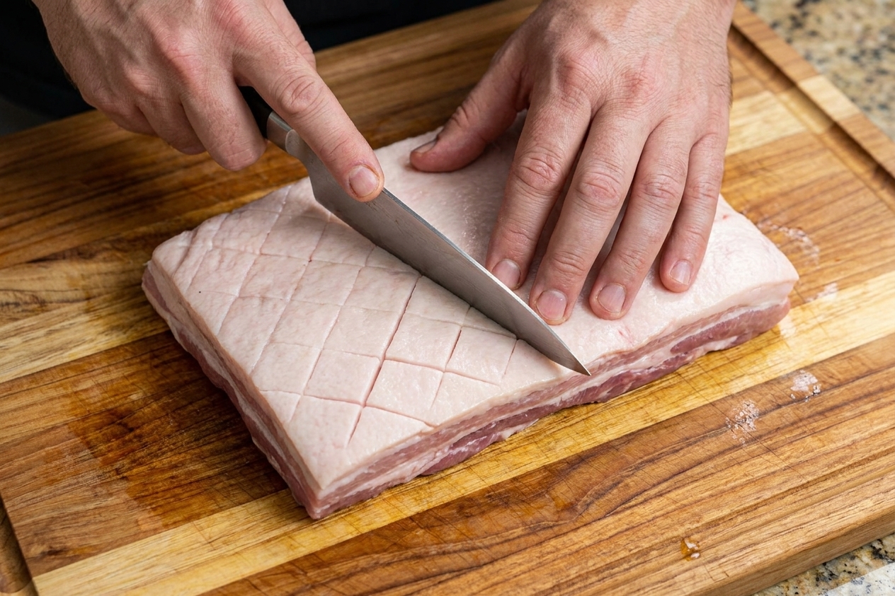 Hands scoring the top fat layer of a pork belly slab with a sharp knife on a wooden cutting board