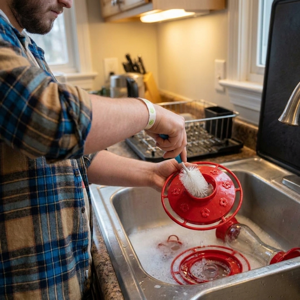 Hands scrubbing a hummingbird feeder with a bottle brush in a stainless steel kitchen sink, warm lighting, realistic household photo