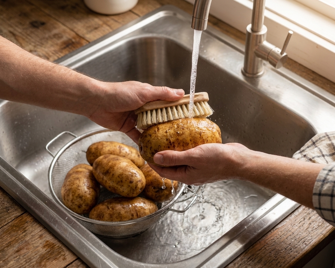 Hands scrubbing russet potatoes under running water in a stainless steel sink