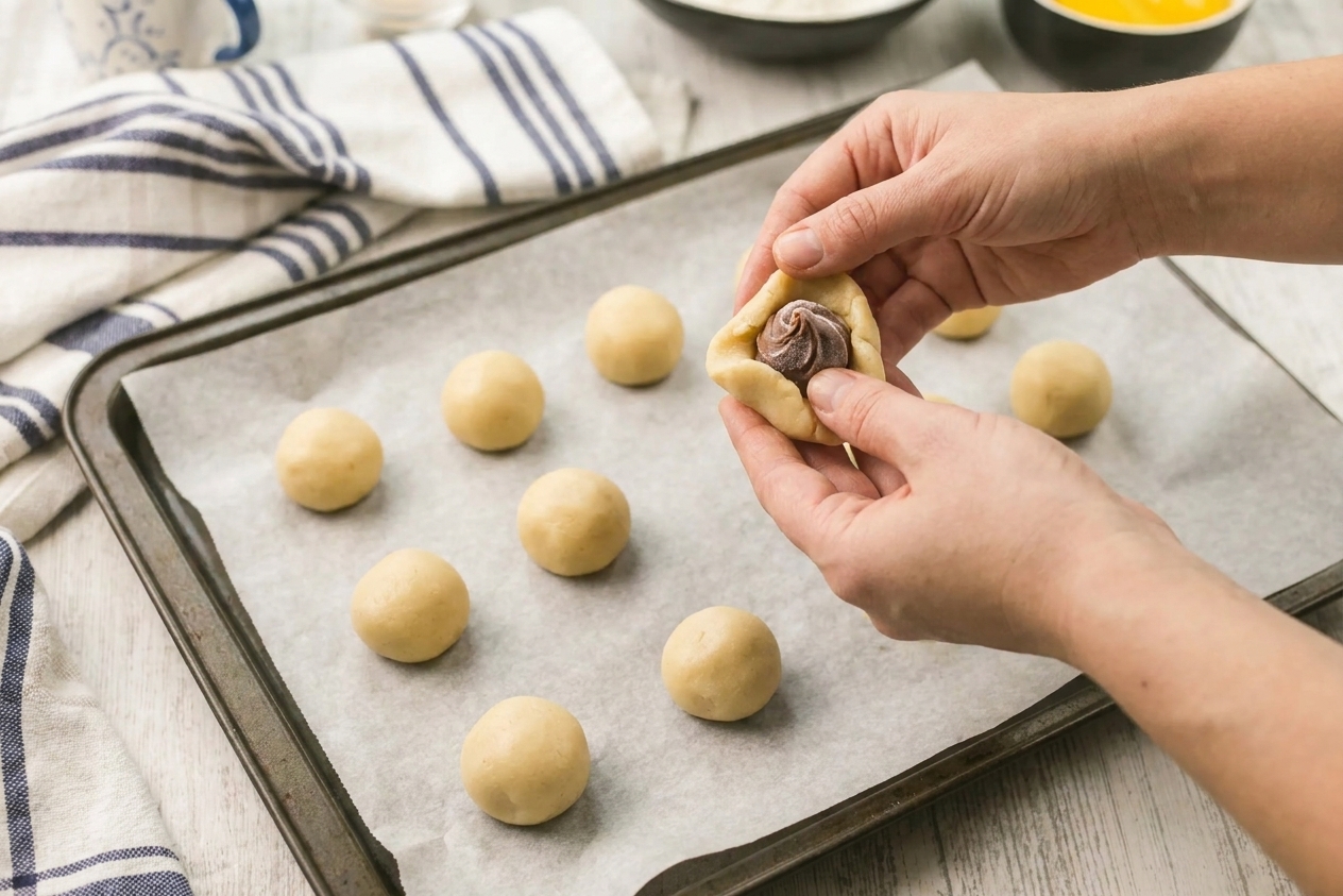 Hands sealing cookie dough around a frozen Nutella center on a parchment lined baking sheet