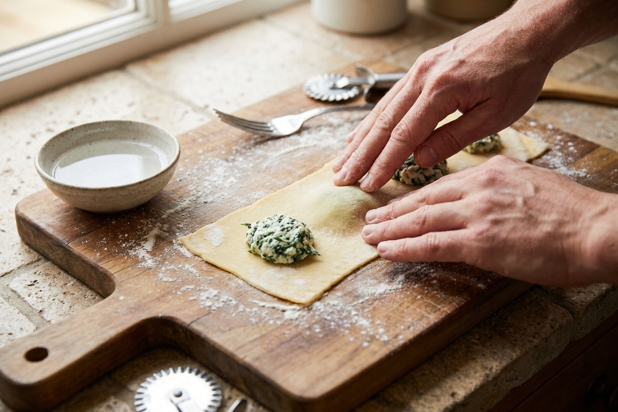 Hands sealing filled ravioli on a pasta sheet with fingertips on a floured wooden board