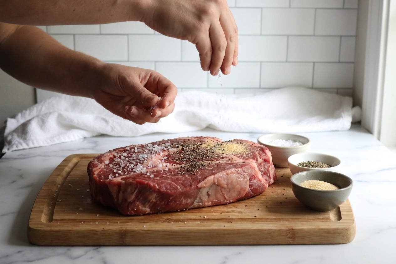Hands seasoning a raw chuck roast with salt, pepper, and garlic powder on a cutting board in a bright home kitchen