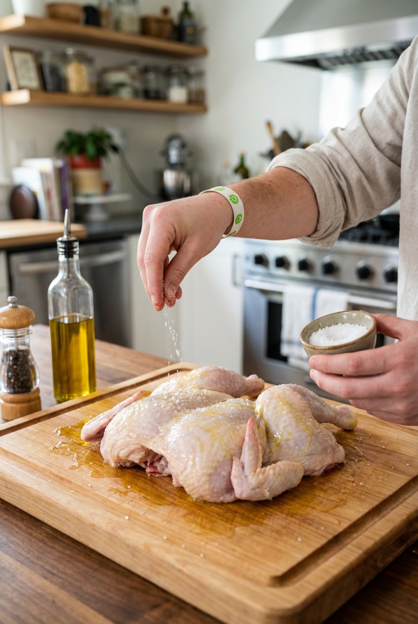 Hands seasoning a spatchcocked chicken on a cutting board with salt, pepper, and olive oil