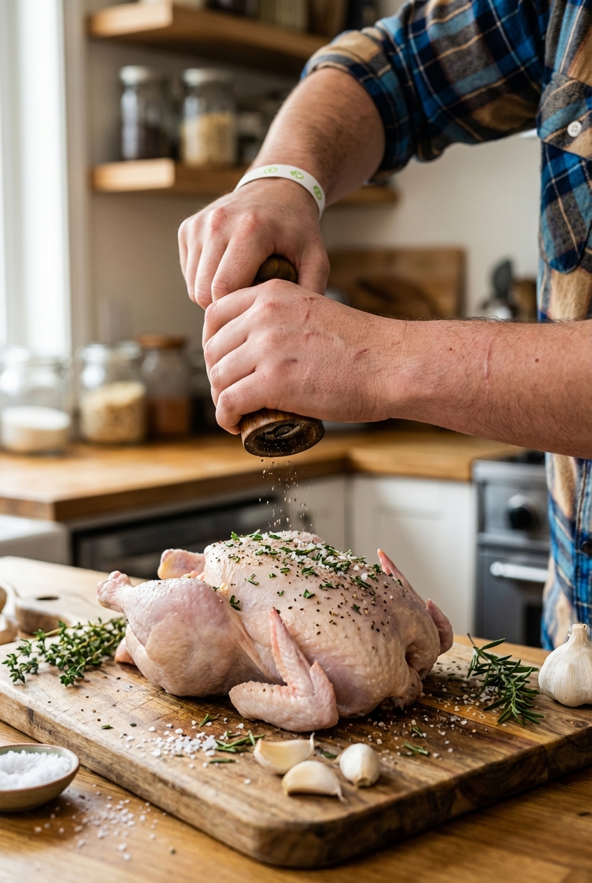Hands seasoning a whole chicken on a cutting board with salt, pepper, garlic, and herbs