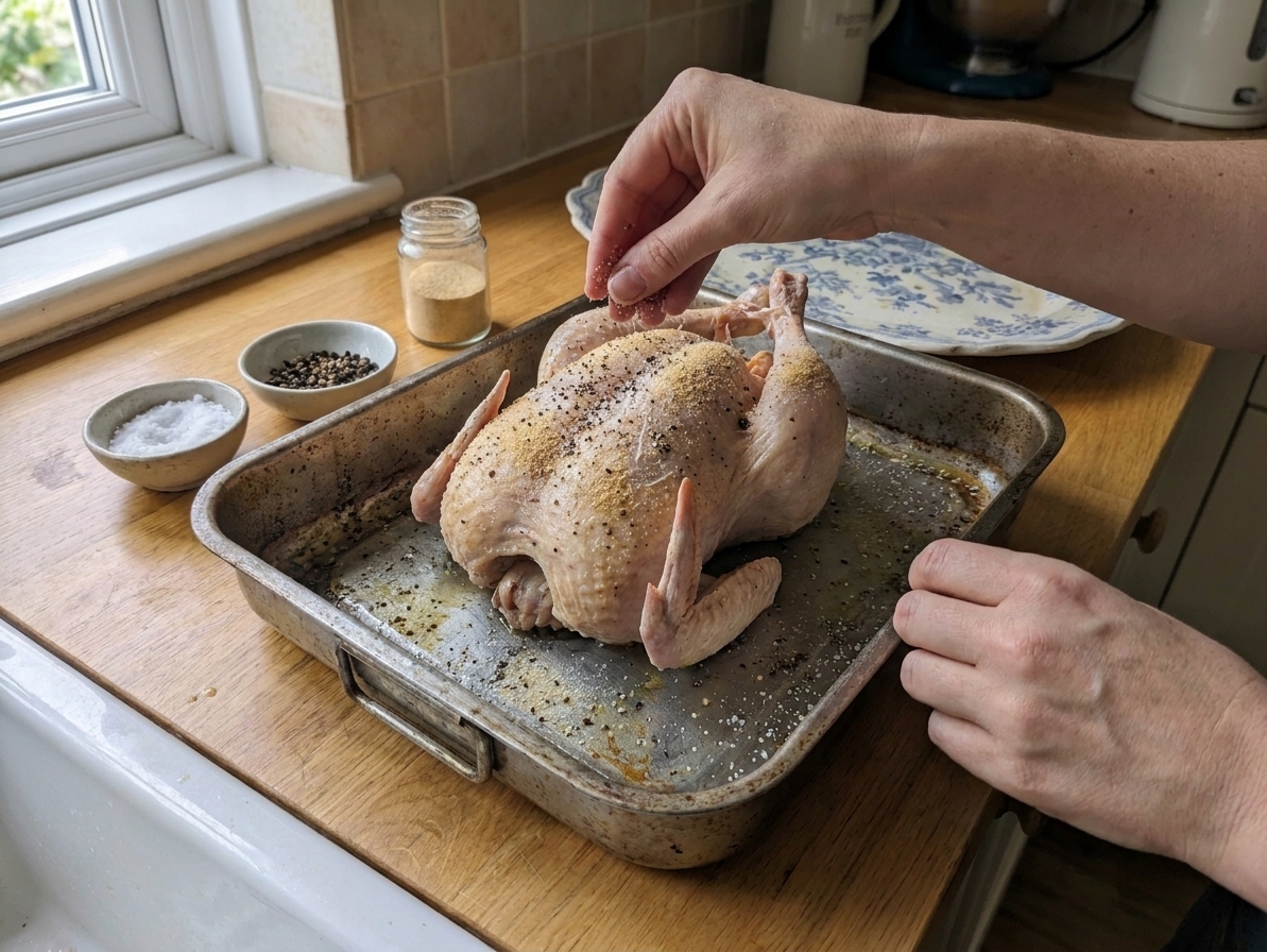 Hands seasoning a whole chicken on a sheet pan with salt, pepper, and garlic powder in a home kitchen