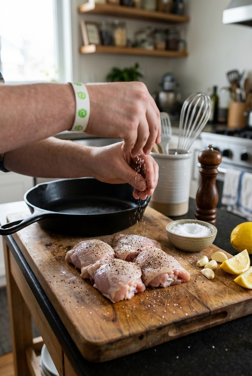 Hands seasoning chicken thighs on a cutting board next to a skillet, salt, pepper, garlic, and lemon