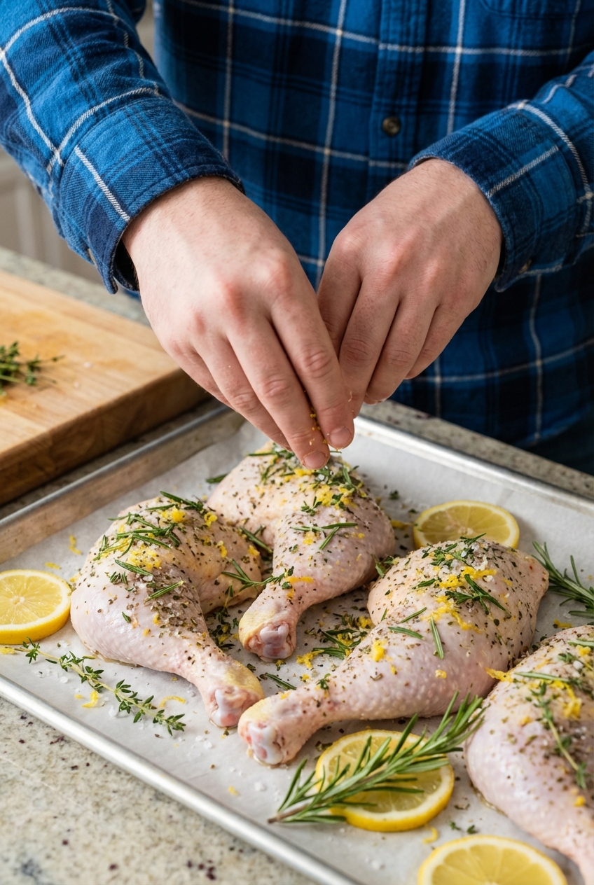 Hands seasoning raw chicken legs with herbs, lemon zest, and salt on a parchment-lined sheet pan