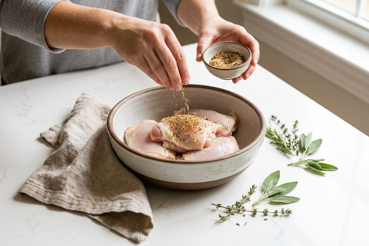 Hands seasoning raw chicken thighs with spices over a mixing bowl on a kitchen counter