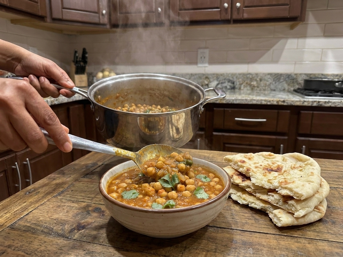 Hands serving chana curry from a pot into a bowl beside warm naan on a wooden table, cozy kitchen lighting