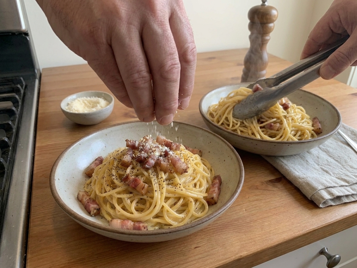 Hands serving glossy spaghetti carbonara into warm bowls, topped with crisp guanciale and extra grated Pecorino Romano at a kitchen counter