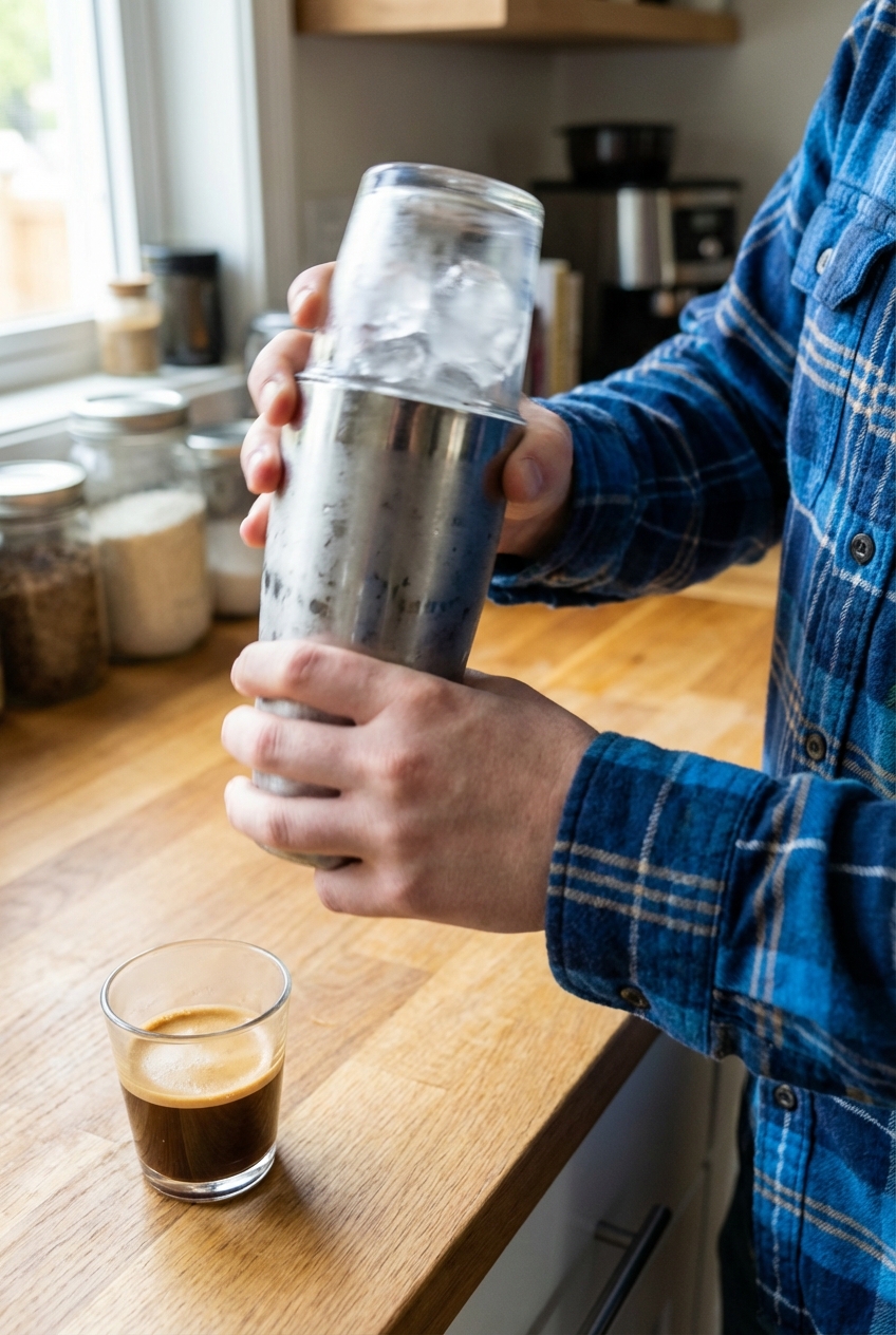 Hands shaking a cocktail shaker filled with ice on a kitchen counter with a fresh shot of espresso nearby