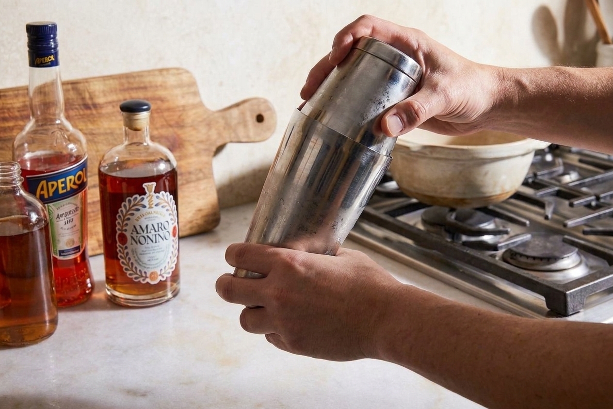 Hands shaking a cocktail shaker over a kitchen counter with warm overhead lighting