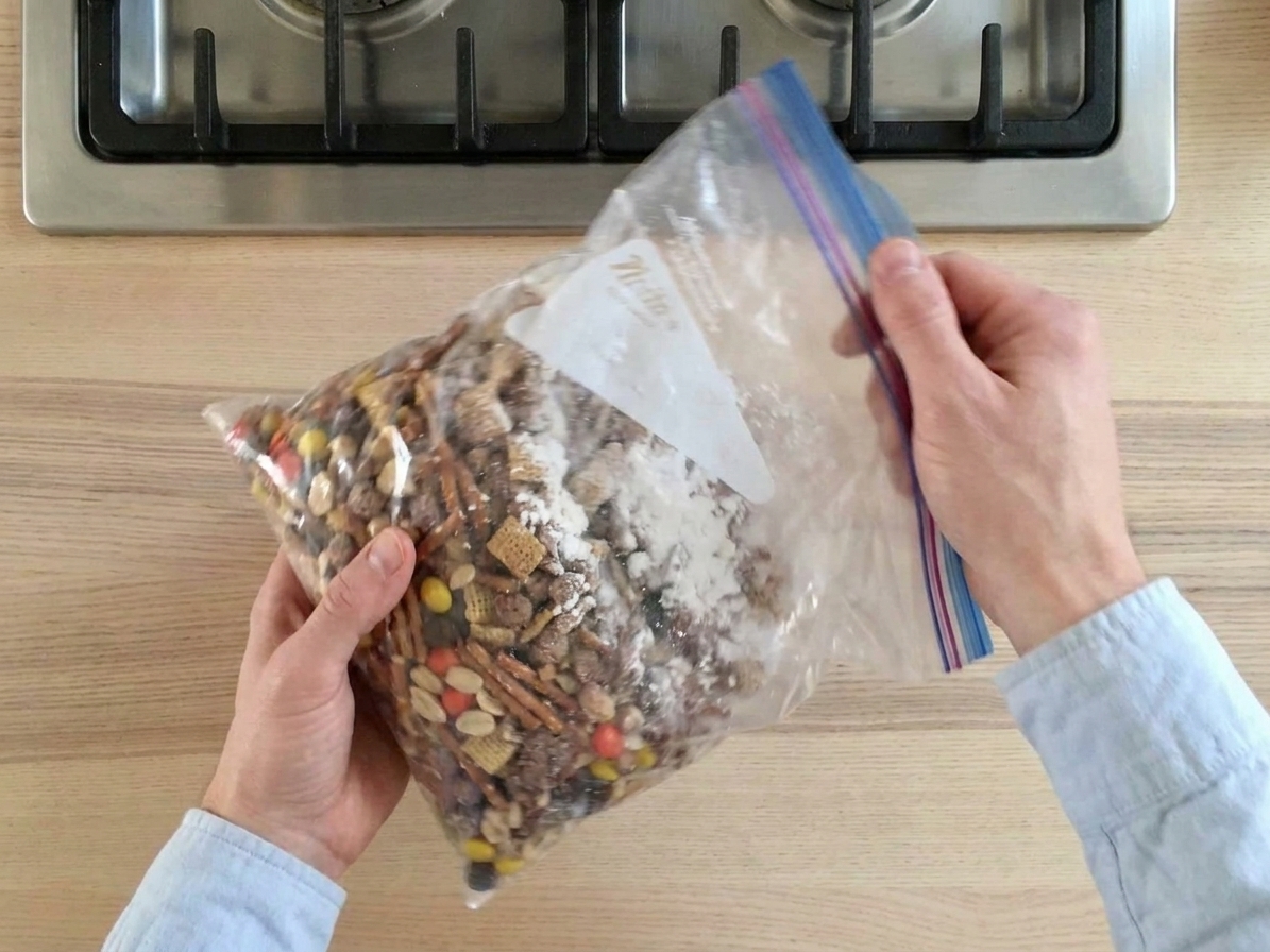 Hands shaking a large zip-top bag filled with coated Chex mix and powdered sugar over a kitchen counter