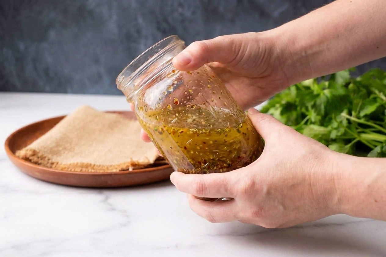 Hands shaking a mason jar filled with Italian salad dressing, herbs visible through the glass, on a clean kitchen counter