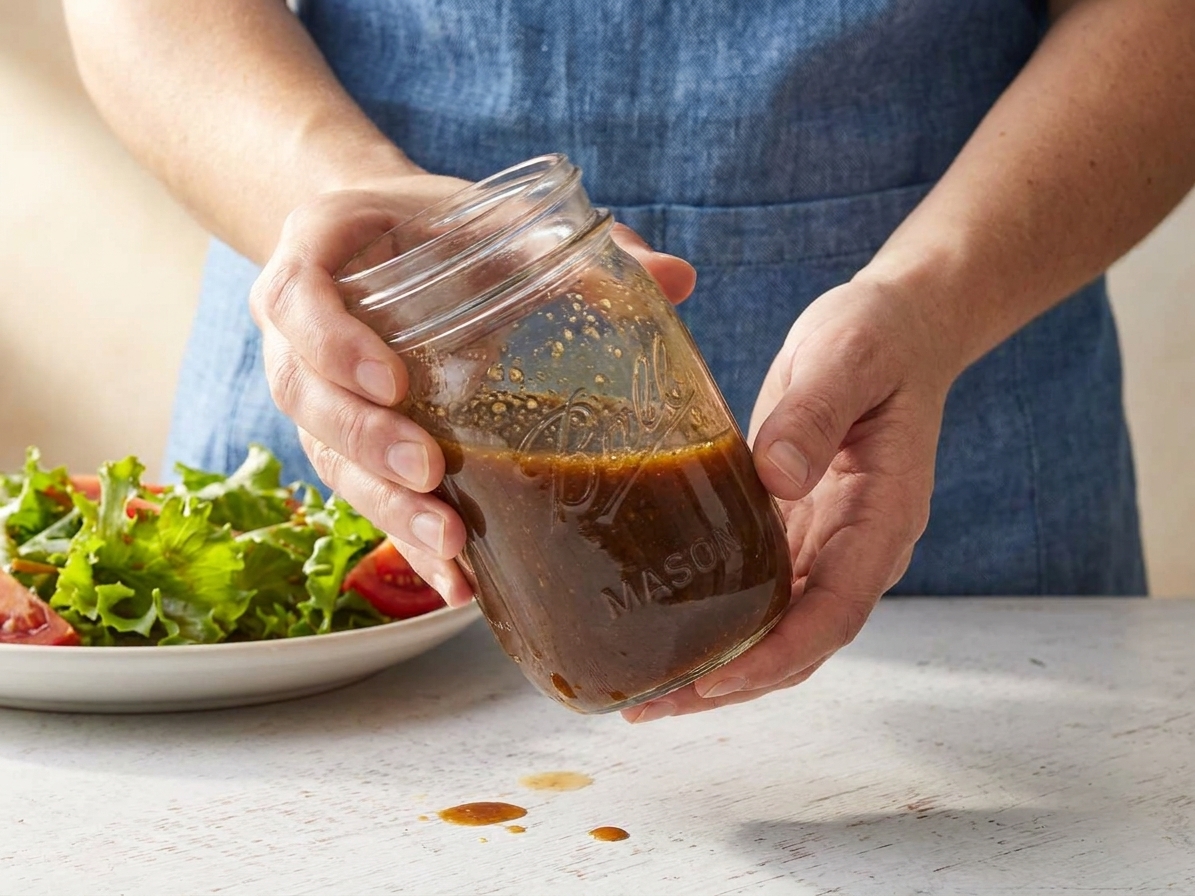 Hands shaking a mason jar of balsamic vinaigrette over a kitchen counter with a salad bowl nearby