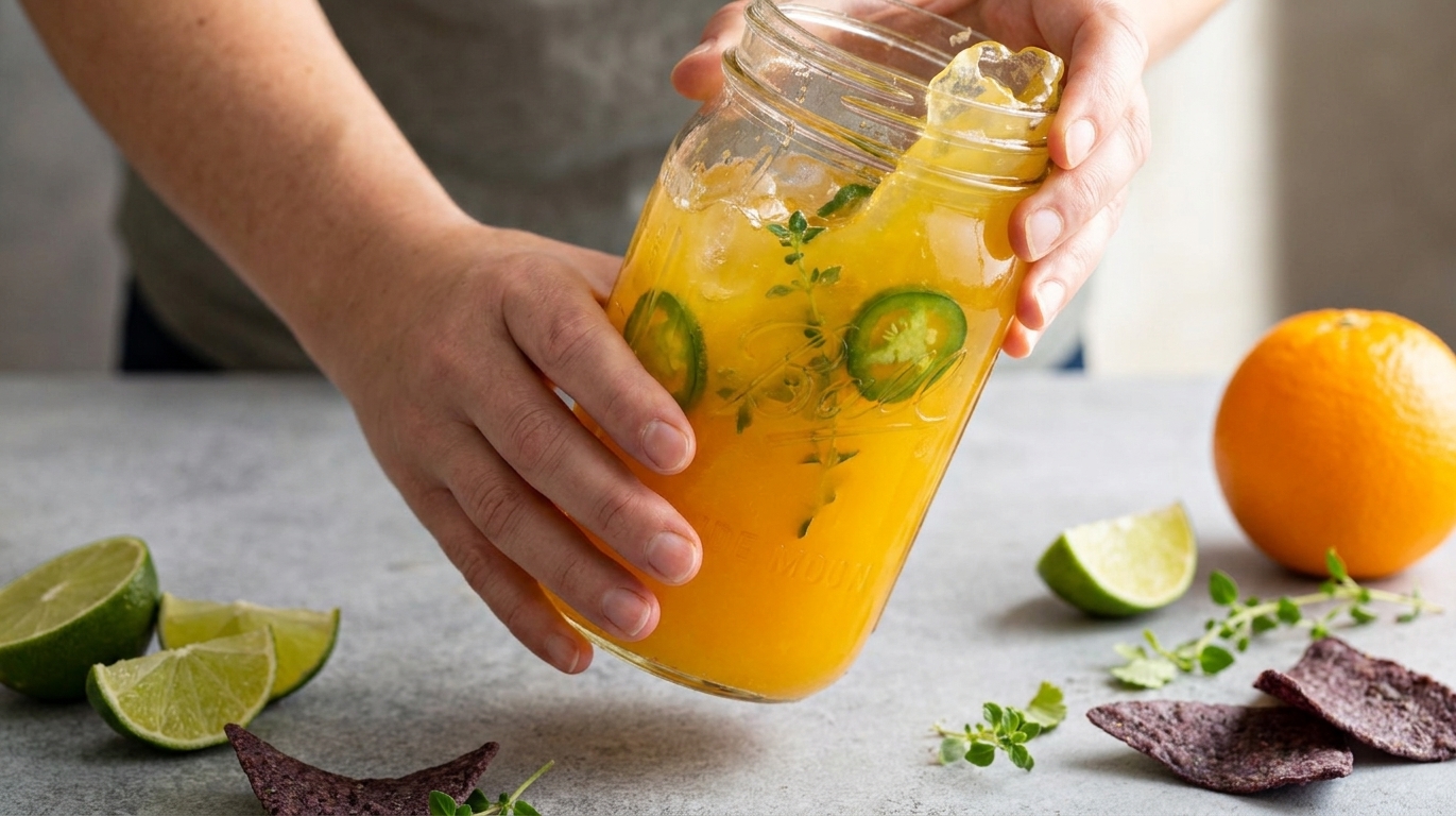Hands shaking a mason jar used as a mocktail shaker over a light kitchen counter with citrus nearby