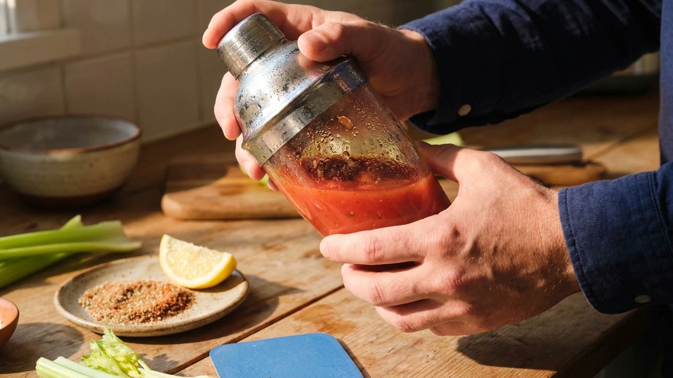 Hands shaking a metal cocktail shaker filled with a red tomato-based cocktail mixture over a kitchen counter