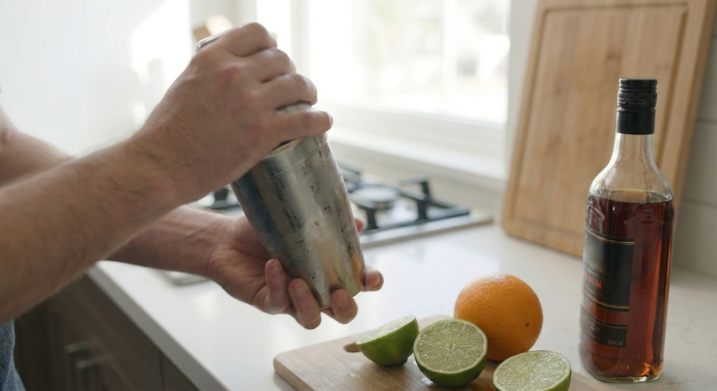Hands shaking a metal cocktail shaker on a home kitchen counter with citrus and a rum bottle nearby