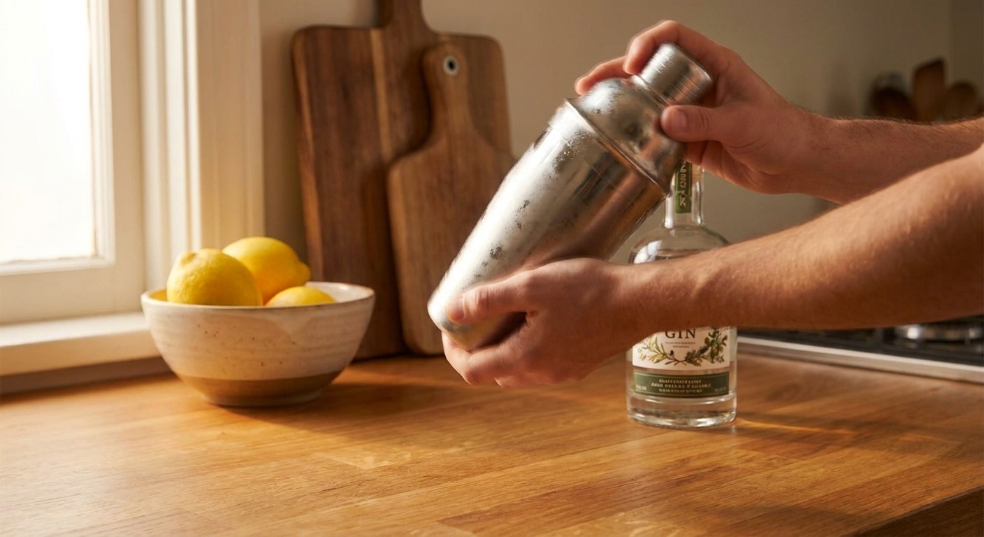 Hands shaking a metal cocktail shaker on a home kitchen counter with lemons and a bottle of gin nearby