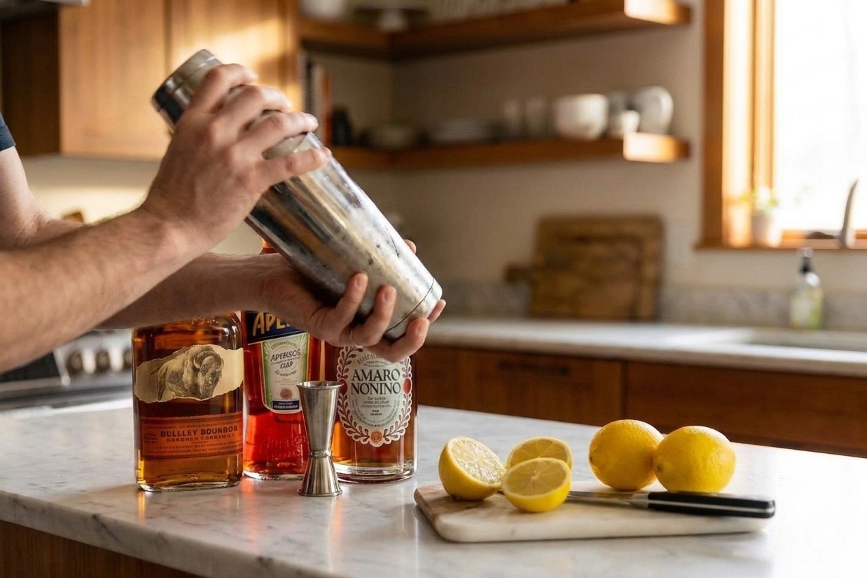 Hands shaking a metal cocktail shaker over a kitchen counter under warm natural light
