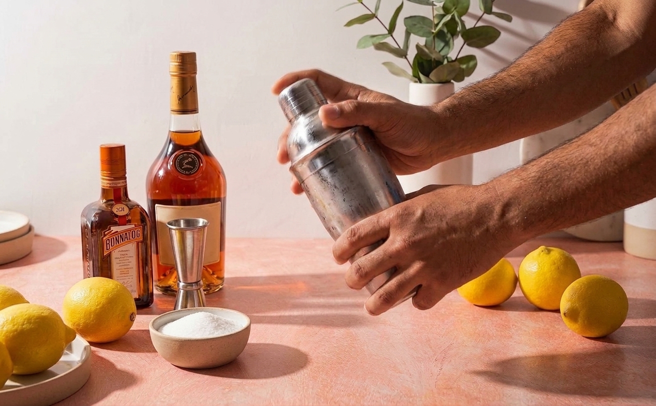 Hands shaking a metal cocktail shaker over a kitchen counter with lemons and a jigger nearby