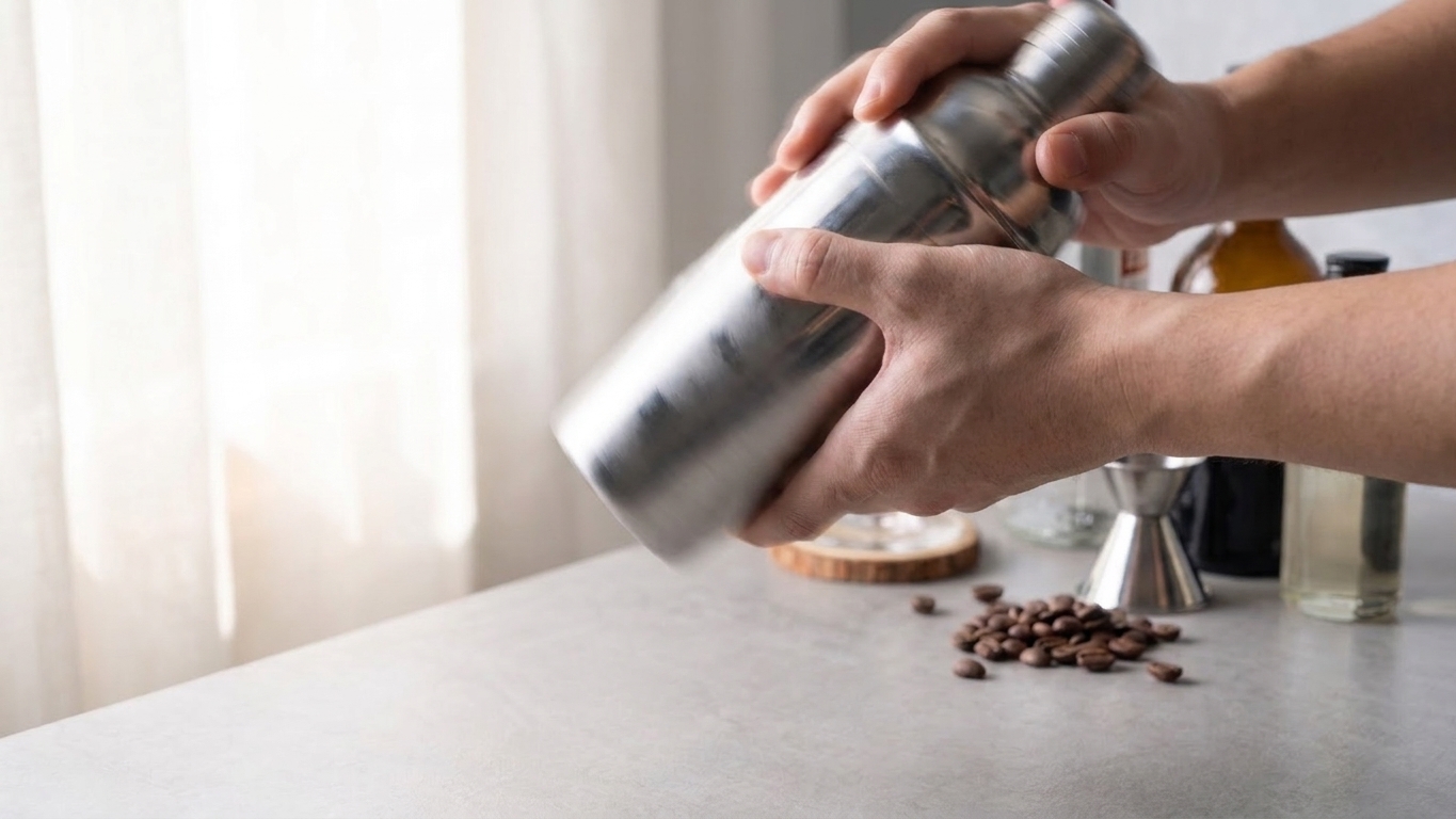 Hands shaking a metal cocktail shaker over a kitchen counter, motion blur showing a vigorous shake