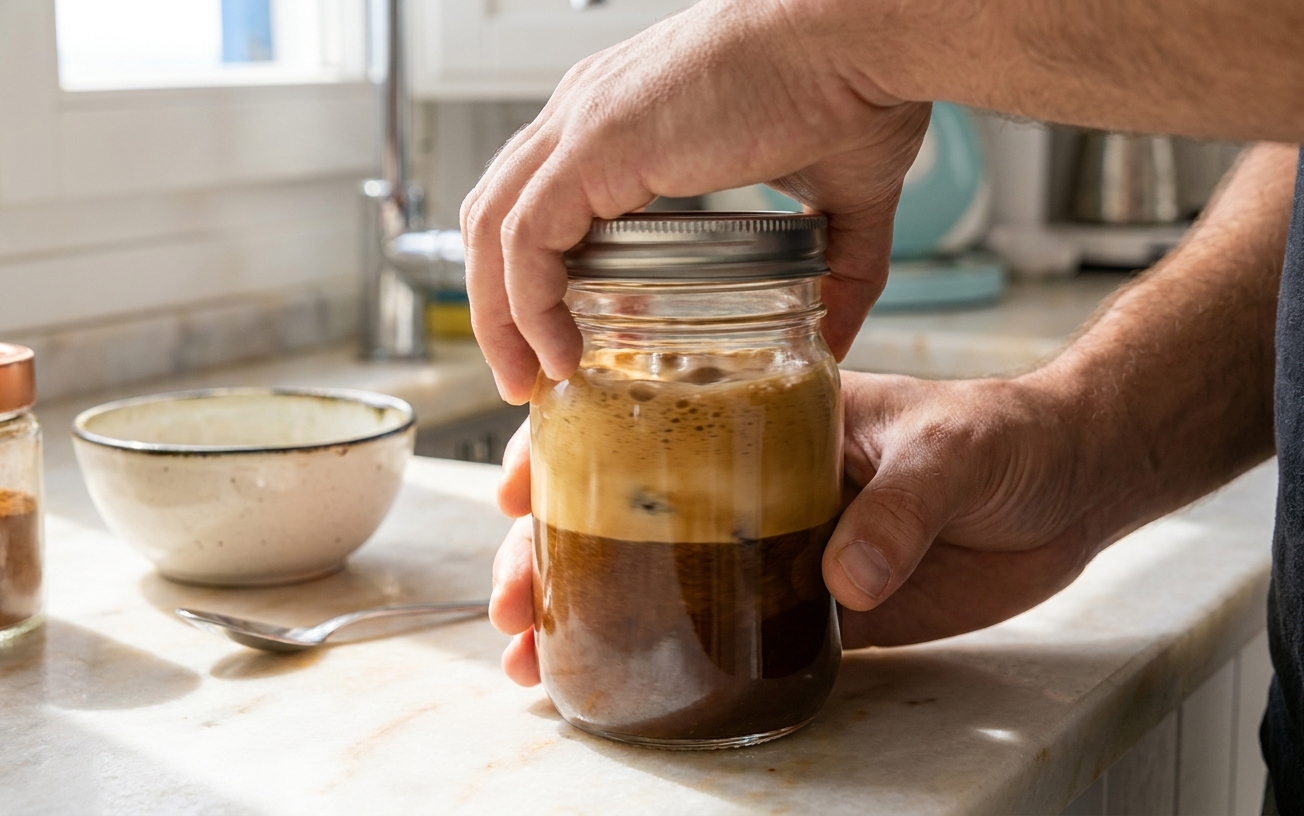 Hands shaking a sealed glass jar filled with instant coffee and water as it turns into thick foam on a kitchen counter