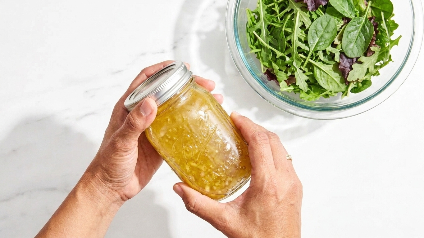 Hands shaking a sealed glass jar of champagne vinaigrette over a kitchen counter, with a salad bowl in the background
