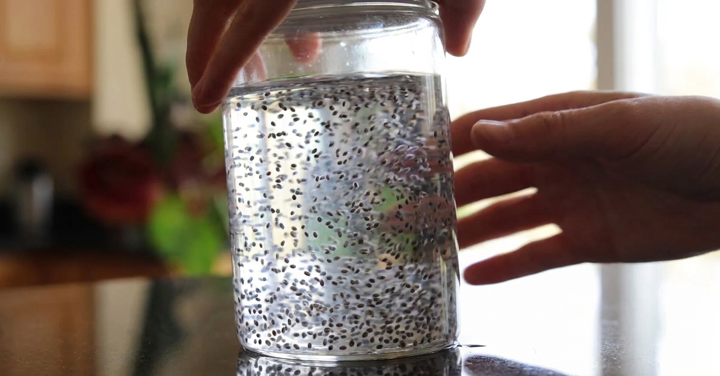 Hands shaking a sealed glass jar of chia seed water on a kitchen counter with bright natural light