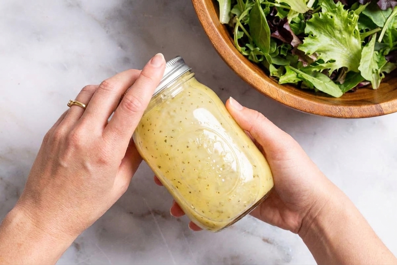 Hands shaking a sealed glass jar of lemon vinaigrette over a kitchen counter with a salad bowl nearby