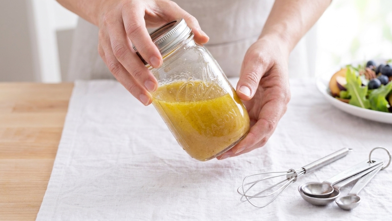 Hands shaking a sealed mason jar filled with vinaigrette over a kitchen counter next to a whisk and measuring spoons