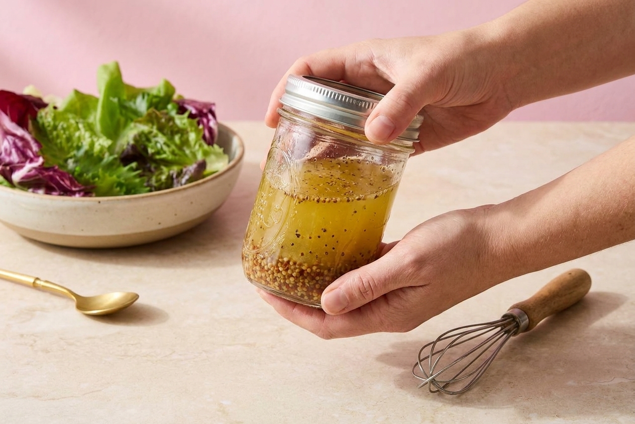 Hands shaking a sealed mason jar of apple cider vinaigrette over a kitchen counter with a salad bowl nearby