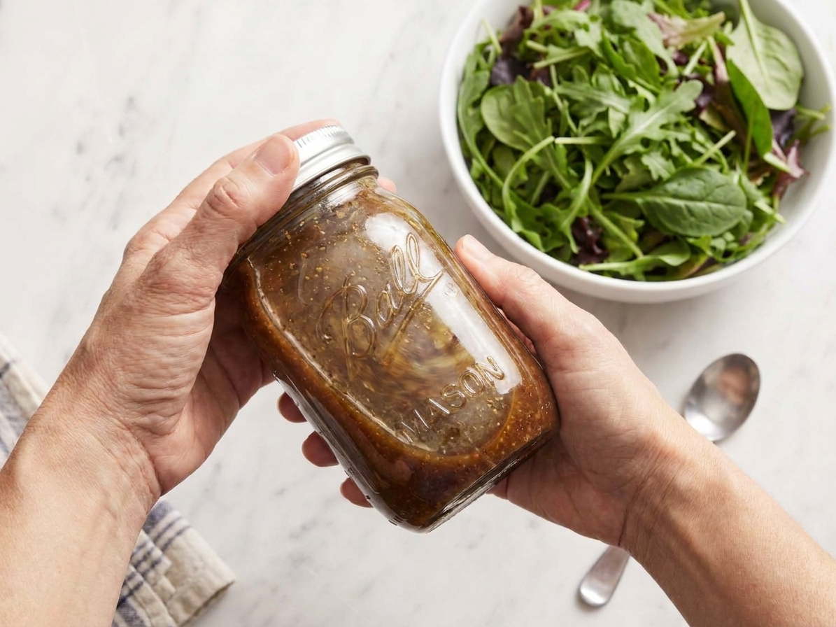 Hands shaking a sealed mason jar of balsamic vinaigrette over a kitchen counter with a salad bowl nearby