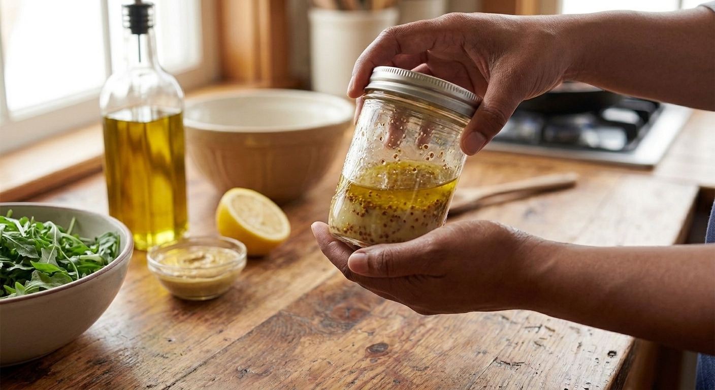 Hands shaking a small glass jar of Dijon vinaigrette with olive oil and lemon juice on a kitchen counter