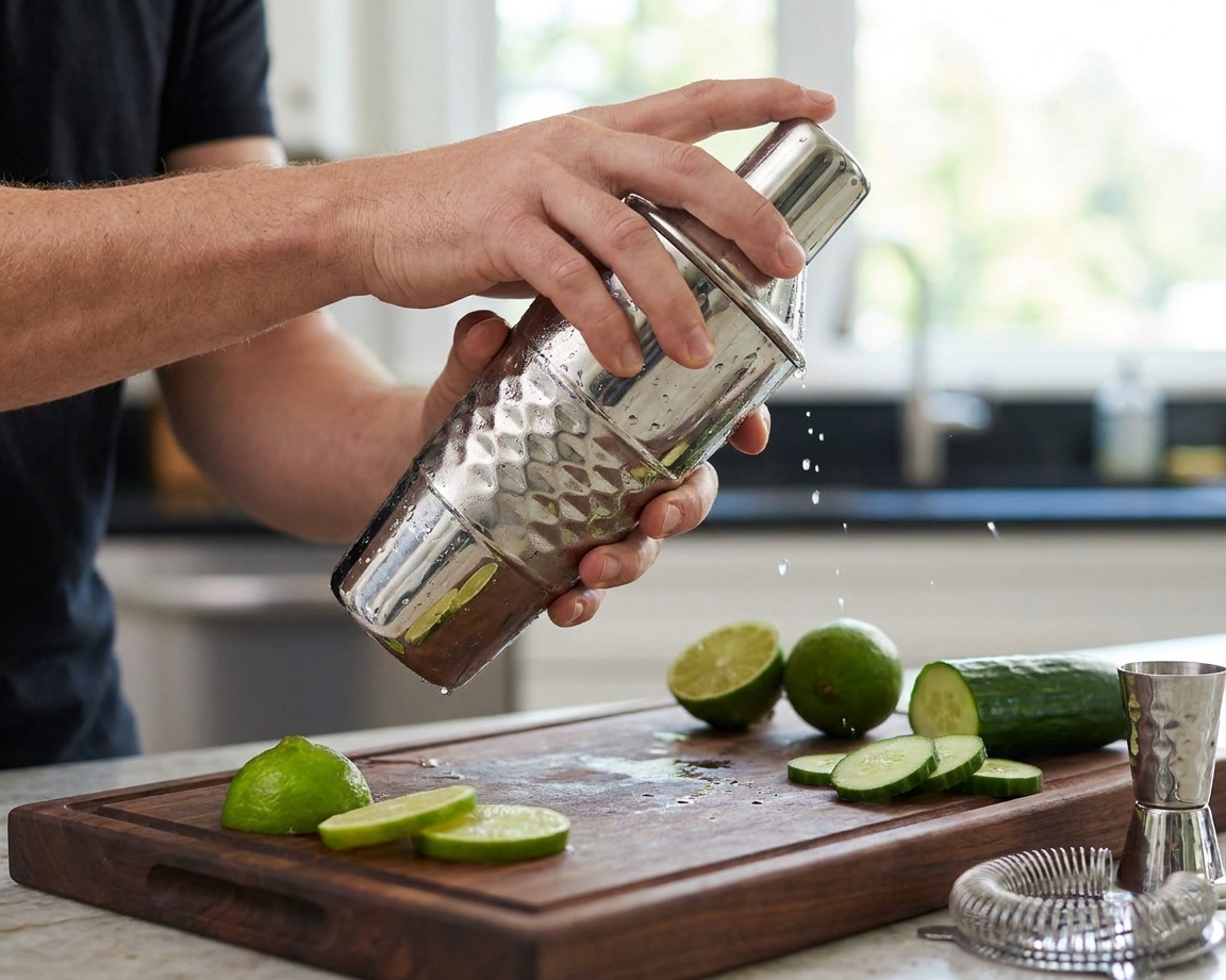 Hands shaking a stainless steel cocktail shaker on a kitchen counter with limes and cucumber nearby