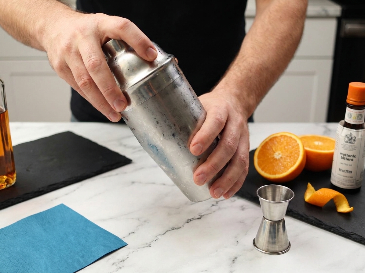 Hands shaking a stainless steel cocktail shaker on a bright kitchen counter with citrus and a jigger nearby