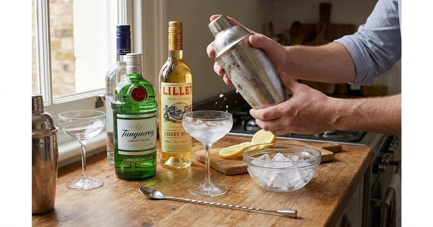 Hands shaking a stainless steel cocktail shaker over a kitchen counter with a chilled coupe glass nearby