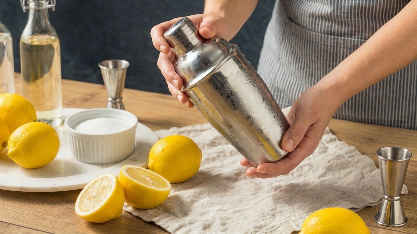 Hands shaking a stainless steel cocktail shaker over a kitchen counter with lemons nearby