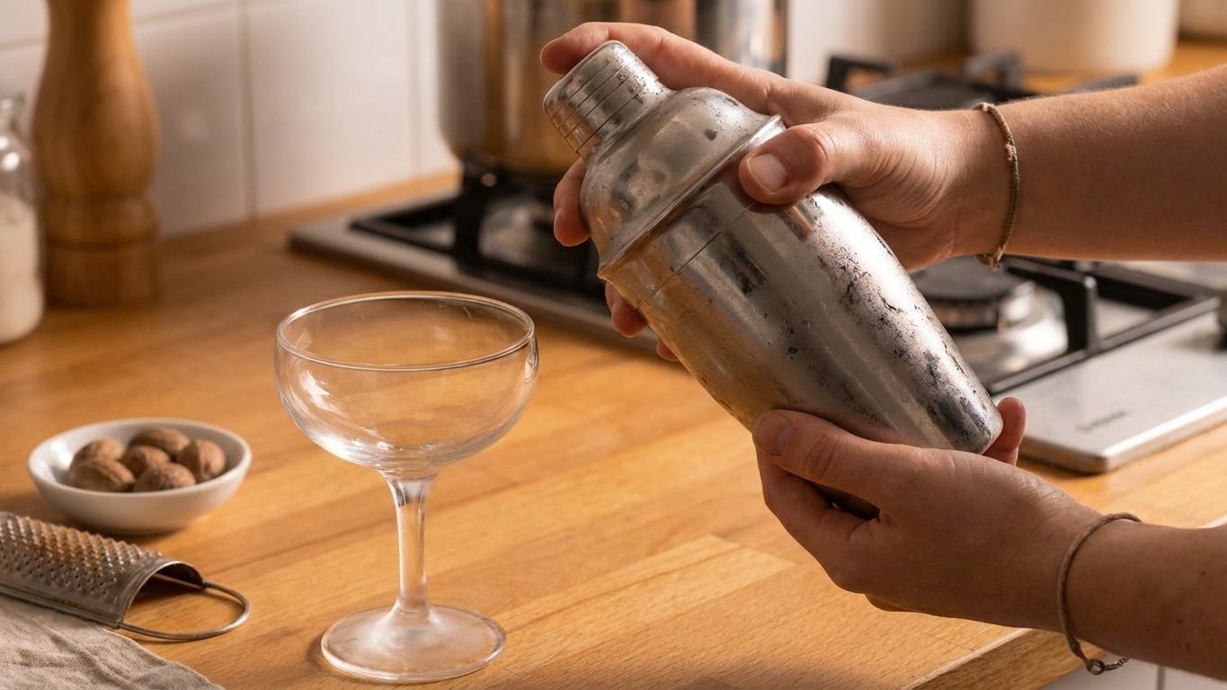 Hands shaking a stainless steel cocktail shaker over a kitchen counter with a coupe glass nearby, consistent warm home kitchen lighting
