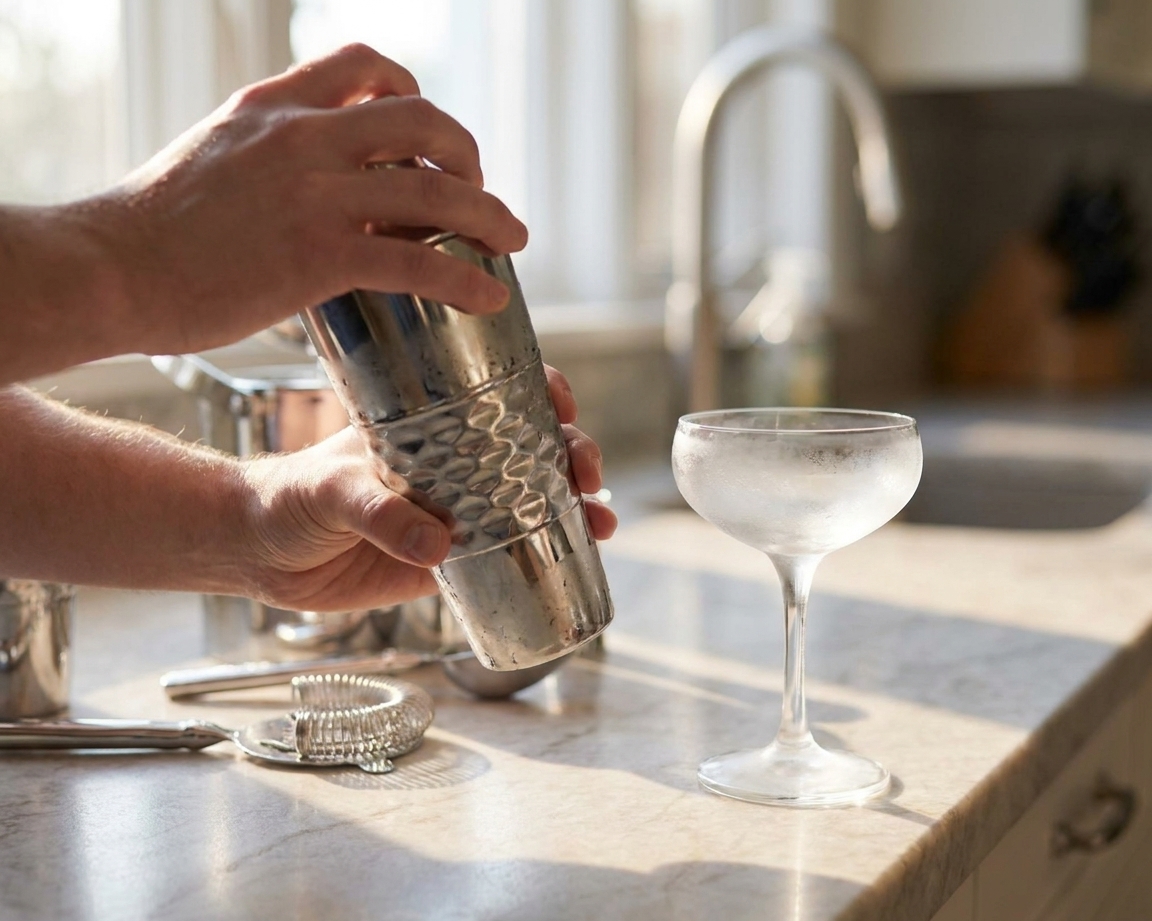 Hands shaking a stainless steel cocktail shaker over a kitchen counter with a chilled coupe glass waiting nearby