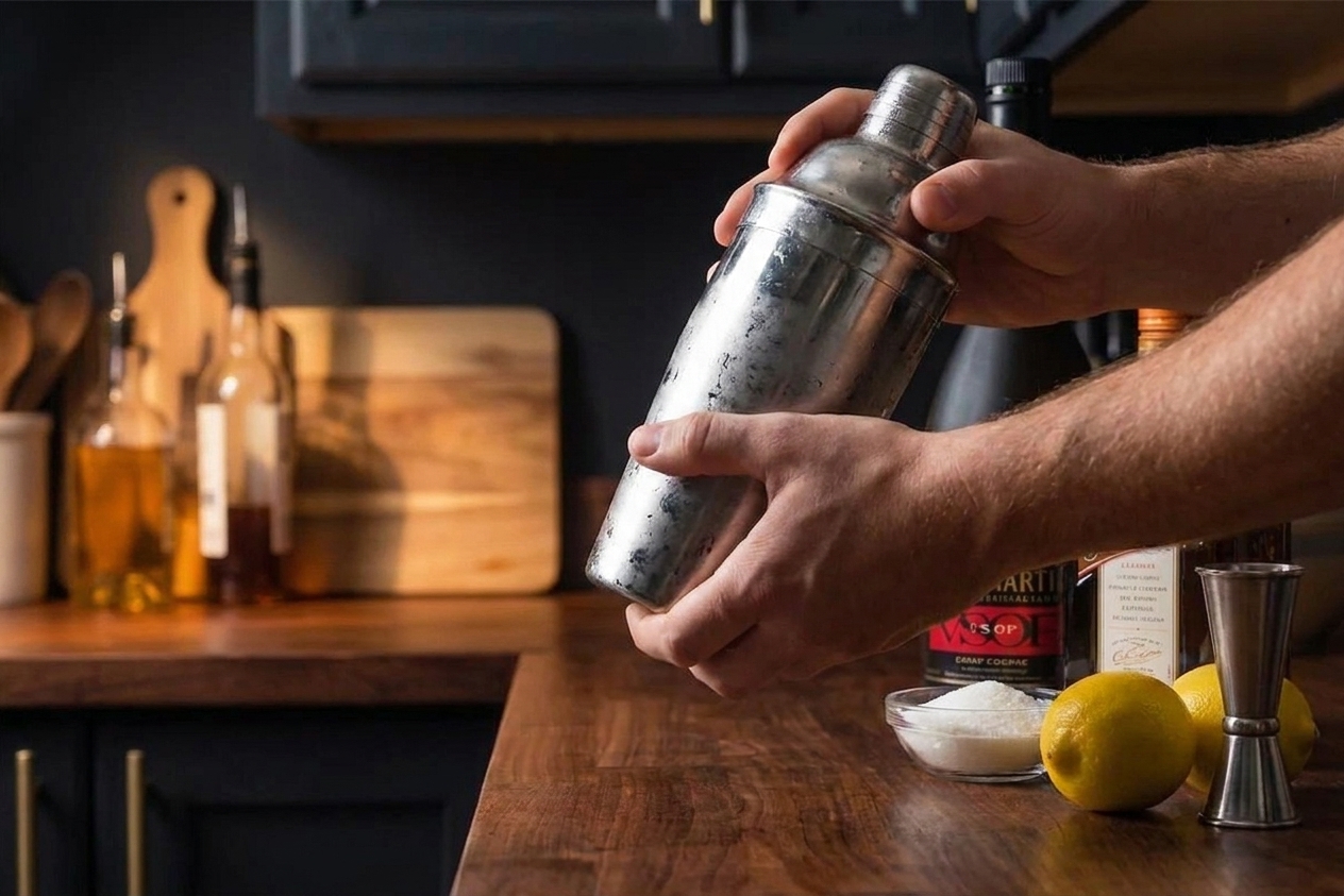 Hands shaking a stainless steel cocktail shaker over a kitchen counter with lemons and a jigger nearby