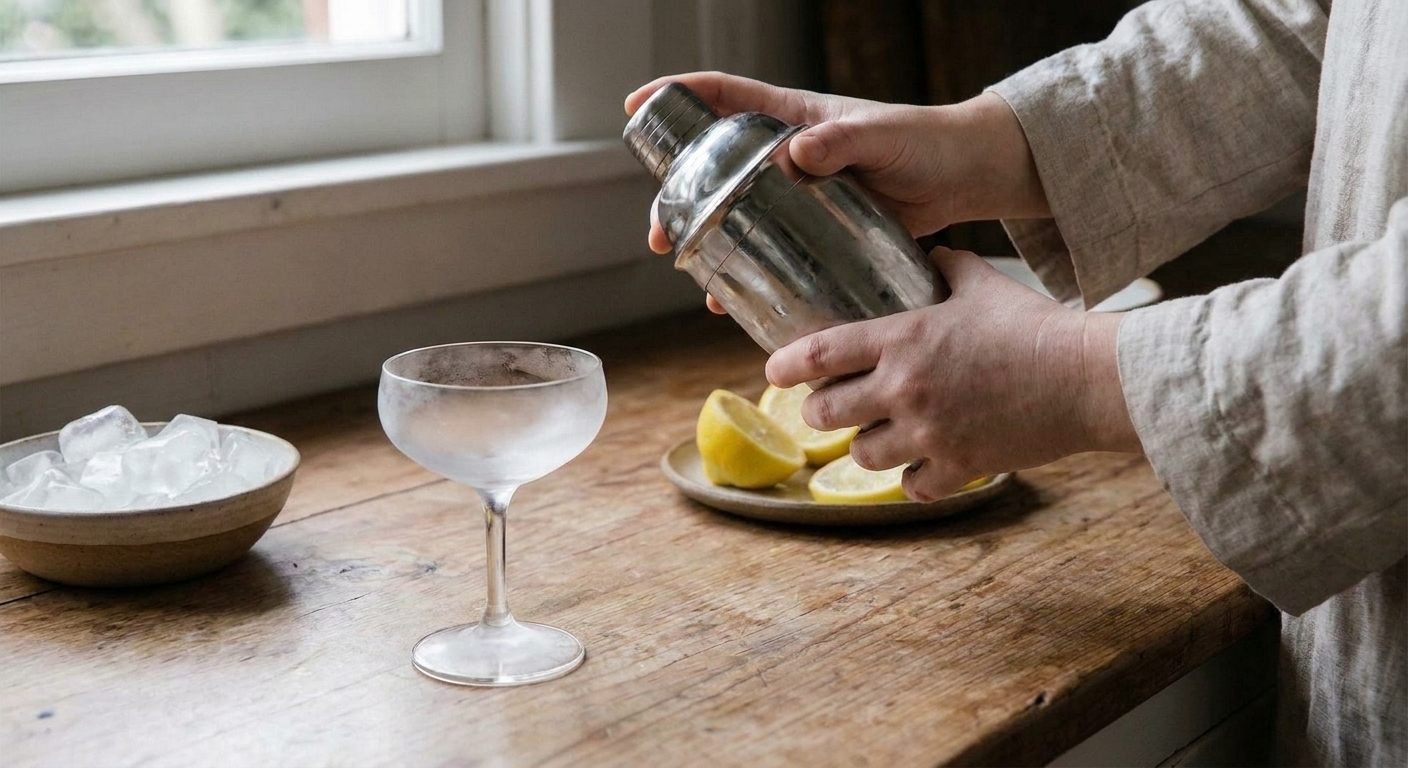 Hands shaking a stainless steel cocktail shaker over a light kitchen counter with a chilled coupe glass waiting