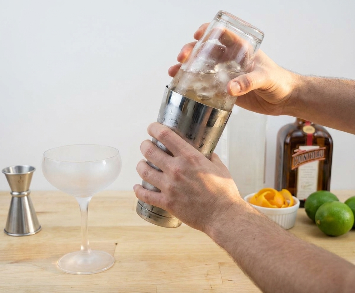 Hands shaking a stainless steel cocktail shaker over a kitchen counter with a chilled coupe glass nearby