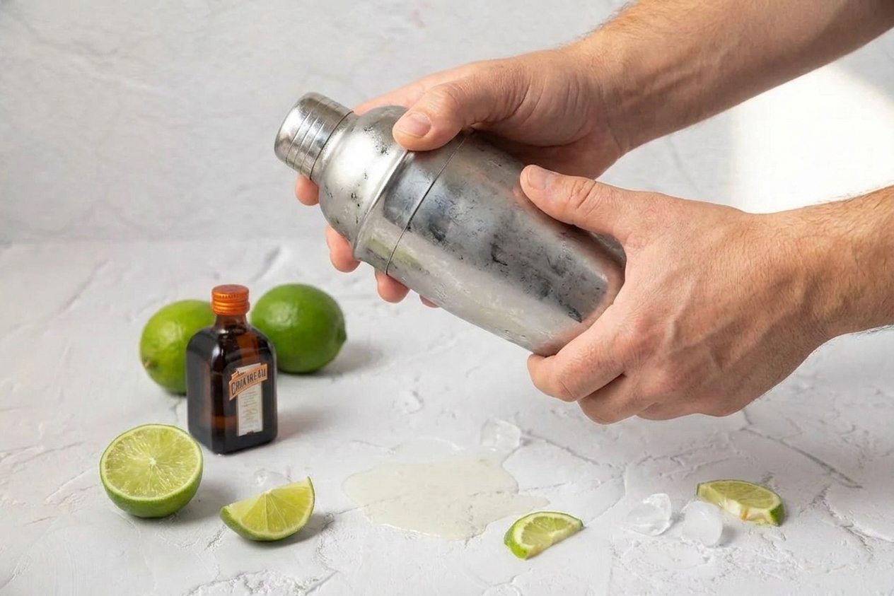 Hands shaking a stainless steel cocktail shaker over a kitchen counter with limes and a bottle of triple sec nearby