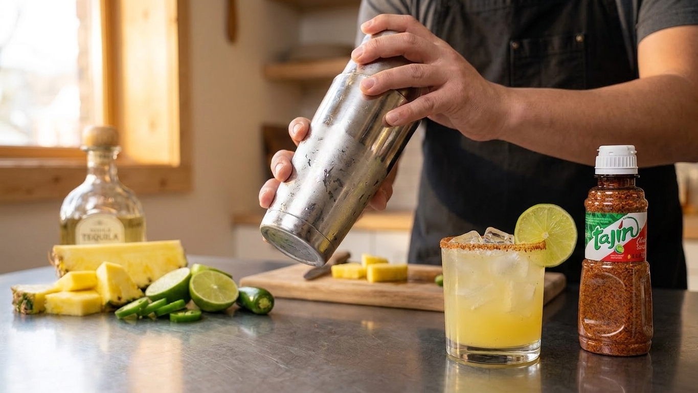 Hands shaking a stainless steel cocktail shaker over a kitchen counter with a prepared Tajín-rimmed glass nearby