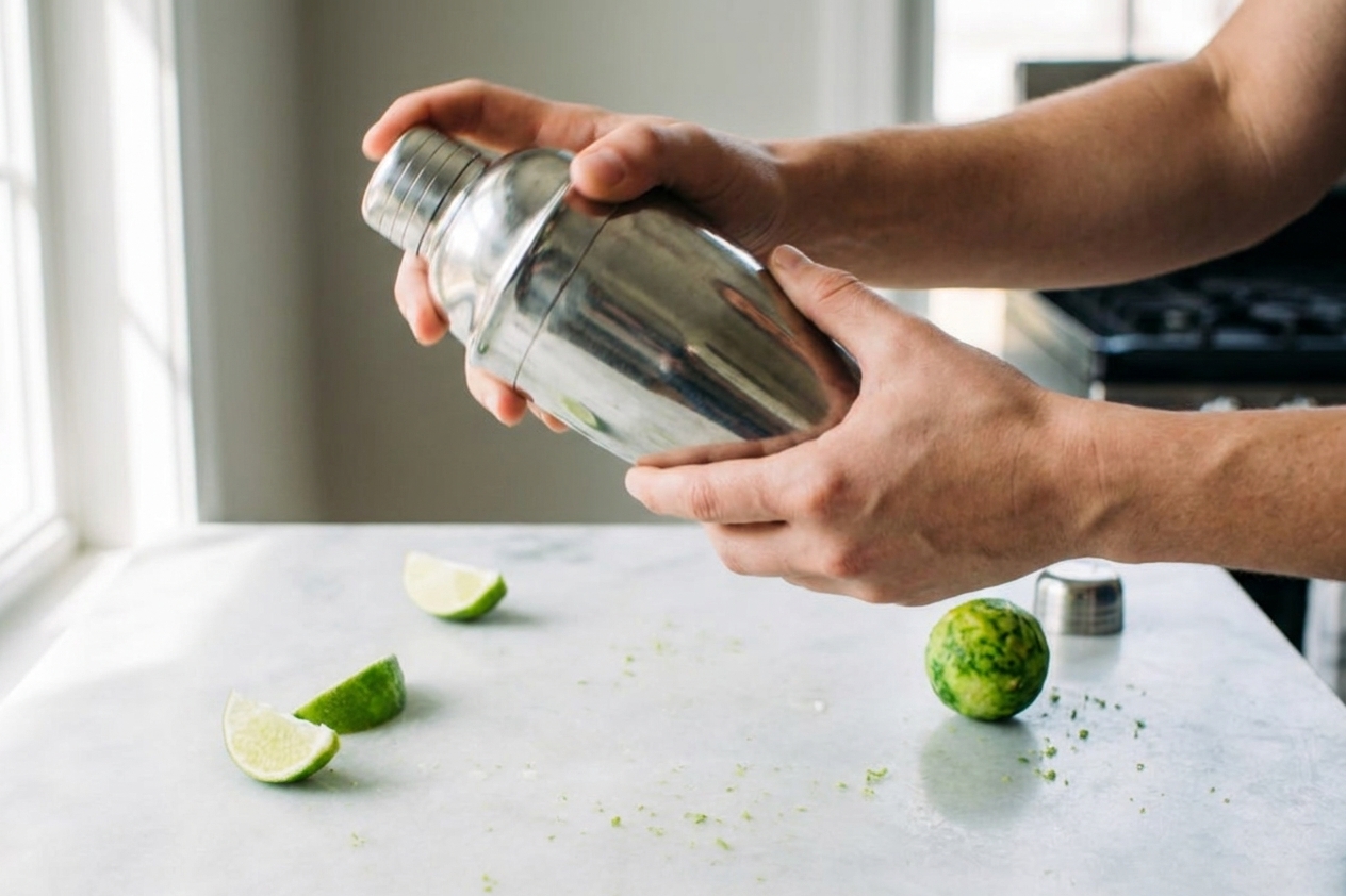 Hands shaking a stainless steel cocktail shaker over a kitchen counter with limes nearby